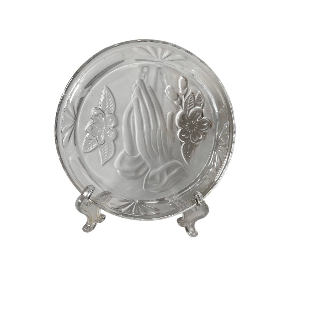 Vintage Praying Hands Frosted Glass Plate 7 Inch Religious Decor Small Chip